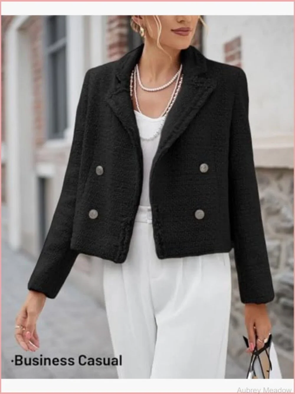 Women's Tweed Blazer Jacket - Elegant Cropped Fully Lined Coat with Pockets